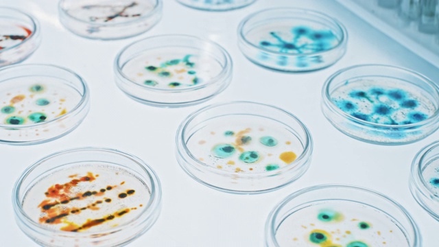 微生物学实验室:有各种细菌样品的培养皿，移液管滴液。抗生素药物研究的概念，治疗疾病，对抗流行病。特写宏视频素材