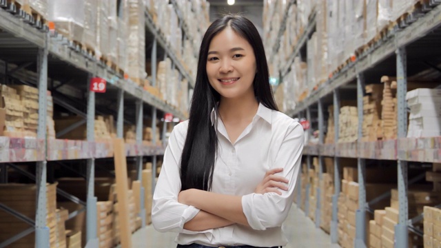 这是一幅迷人的亚洲女企业家的肖像，她们抱着双臂，对着仓库里的镜头微笑。肖像，商业，金融，教育，人，成功，技术，领导力，女性在STEM，交通，创新概念。视频下载