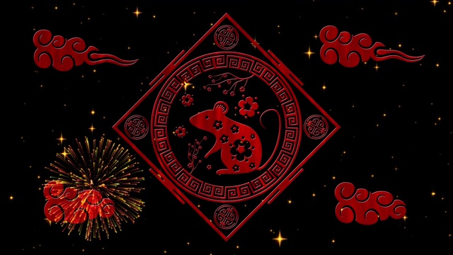 农历新年，春节背景有鼠象，烟花，星星闪烁。中国新年的黑色星空背景假日活动。3 d渲染动画。无缝循环4k视频视频下载