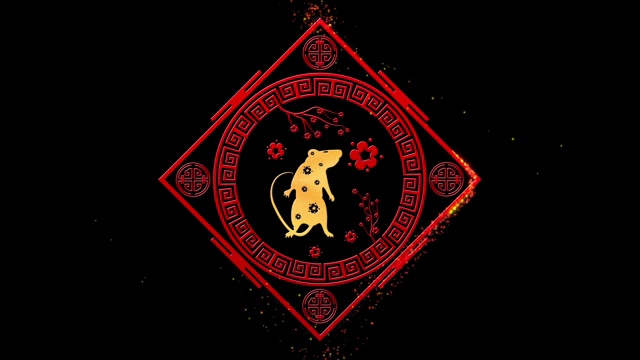 红色春节背景与黄金，老鼠，烟花，闪烁的星星3D渲染循环4k。魔幻新年快乐动画视频下载