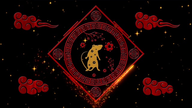 农历新年，春节背景有鼠象，烟花，星星闪烁。中国新年的黑色星空背景假日活动。3 d渲染动画。无缝循环4k视频视频下载