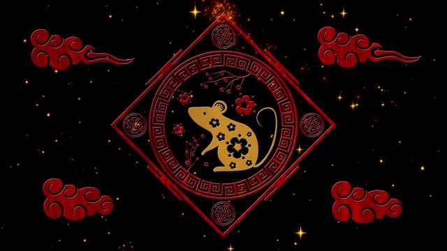 农历新年，春节背景有金鼠、烟花、星星。中国新年的黑色星空背景假日活动。3 d渲染动画。无缝循环4k视频视频下载