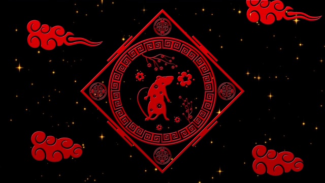 红色和黑色的金色春节背景，老鼠，烟花，闪烁的星星3D渲染循环4k。魔幻新年快乐动画视频下载