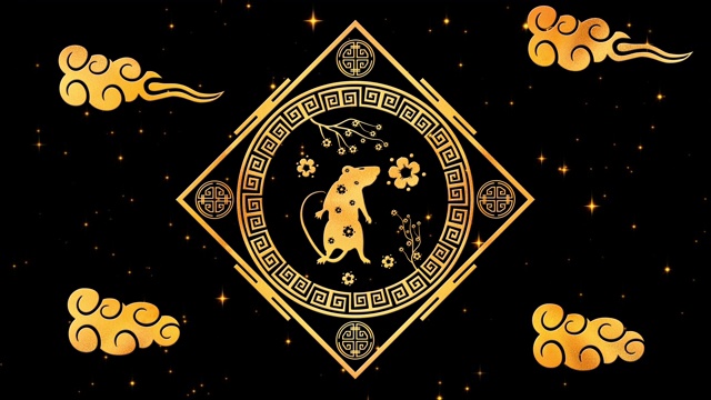 金色春节背景与金色和黑色，老鼠，烟花，闪烁的星星3D渲染循环4k。魔幻新年快乐动画视频下载
