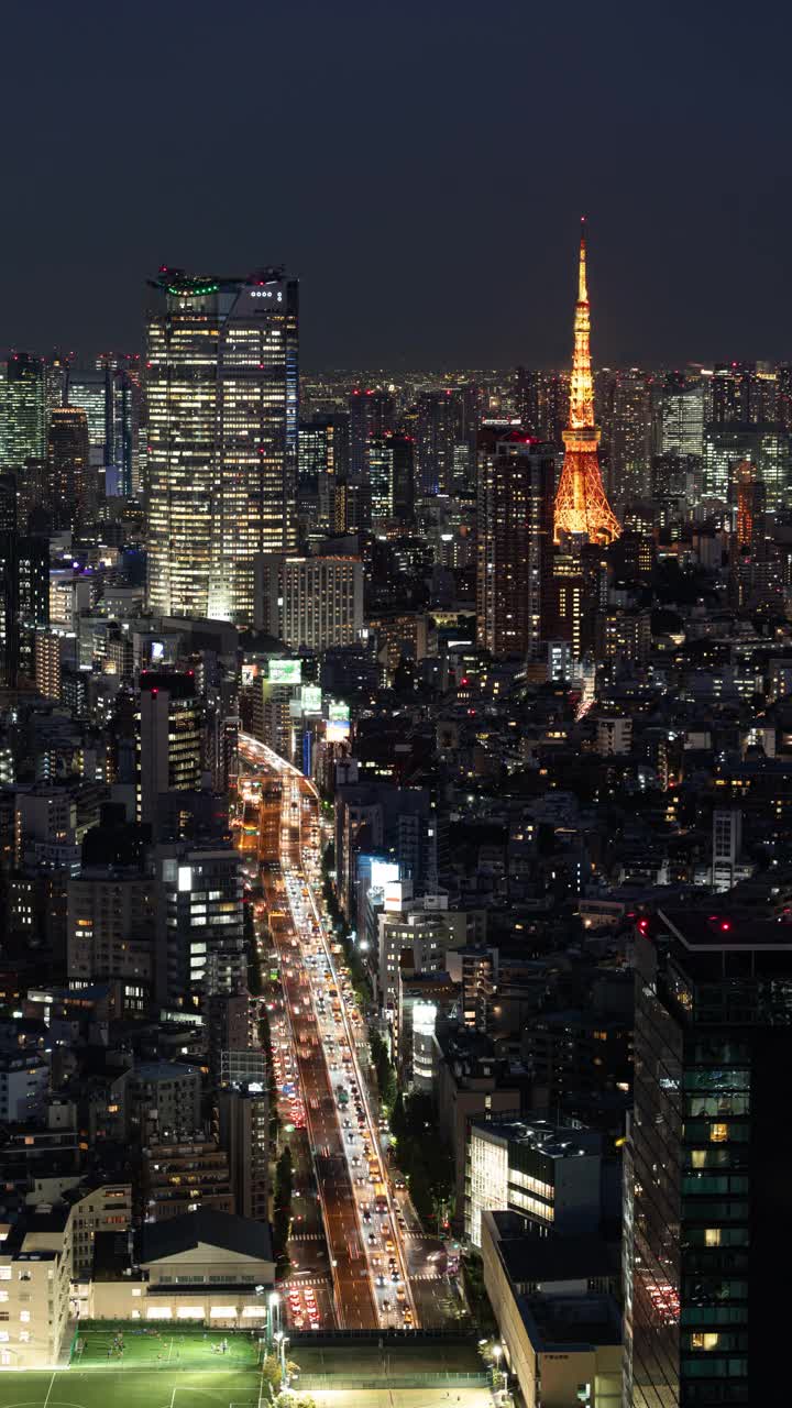 东京天际线与东京塔和六本木山(垂直/延时)视频素材