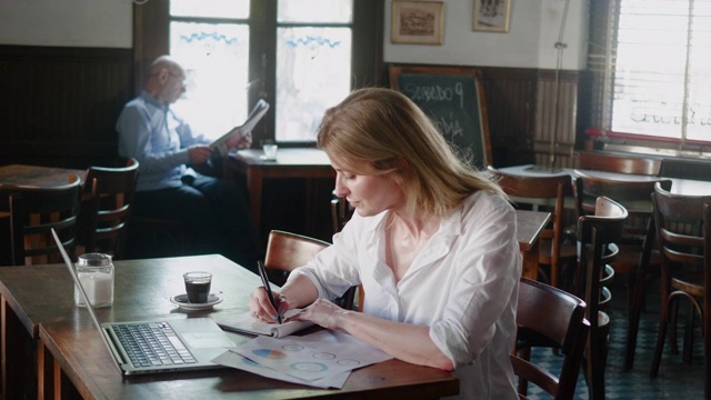 阿根廷女商人在餐馆吃午饭时写笔记本视频素材