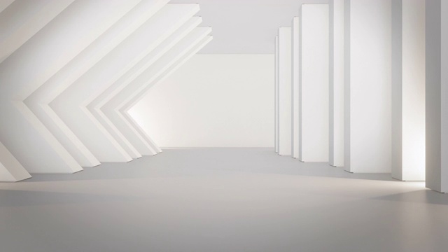 几何形状的结构在空旷的混凝土地板上，白色的墙壁在大的大厅或现代的陈列室。视频素材