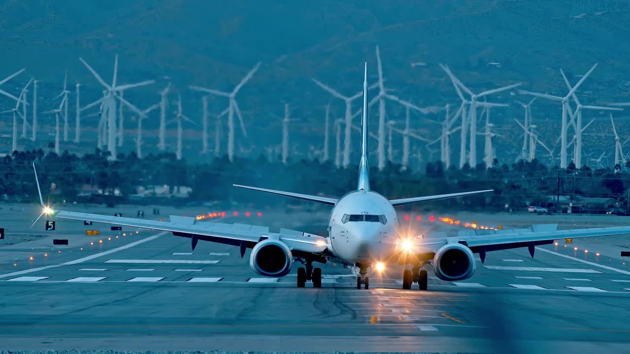 黄昏时分，阿拉斯加航空公司的喷气式飞机在远处可再生能源风力发电场的背景下驶向摄像机视频素材