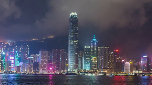 时间流逝，中国香港维多利亚港上空的摩天大楼视频下载