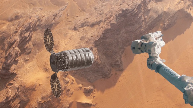 在火星表面准备与空间站对接的补给飞船视频素材