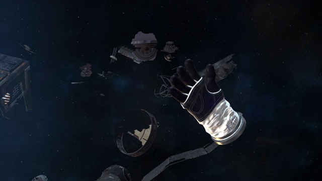 宇航员手套和漂浮在太空中的碎片视频下载