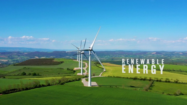 可再生能源，风力涡轮机鸟瞰图和文字视频下载