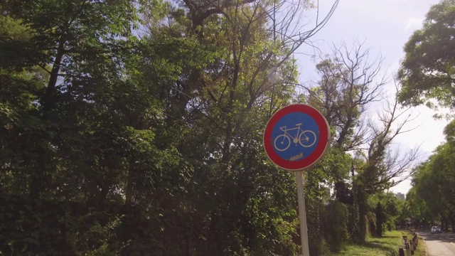 骑自行车的人通过自行车道，通勤。盘子，晴天，树。自行车的迹象视频下载