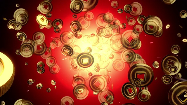 红色背景下大量金币从地面爆炸的三维运动图形。视频素材