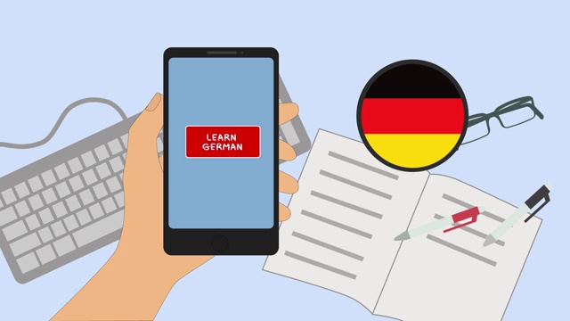 2D动画，白种人用手触摸学习德语手语，用英语书写，手语中出现德国国旗。外语、教育、学习。视频下载