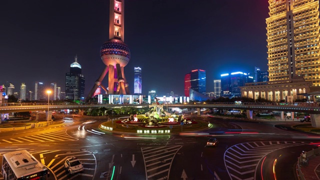 4K时间推移:中国上海陆家嘴明珠环岛人行天桥上的交通灯轨迹。视频下载