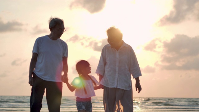 剪影快乐的爷爷，奶奶和孙女手牵着手走到日落的沙滩上冲浪。家庭，生活方式，人，孩子，人寿保险，老人，假期，关系，假期，退休，健康保健理念。视频下载