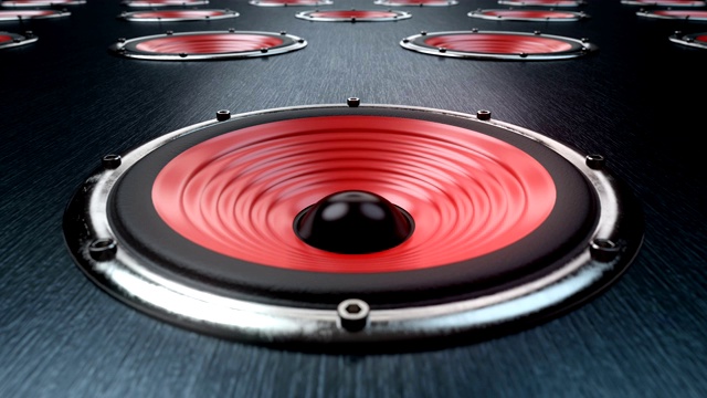 许多带有红色薄膜的音箱同步播放现代音乐视频素材