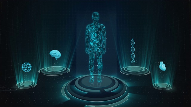 未来的医疗用户界面与HUD和信息图表元素。虚拟技术背景视频素材