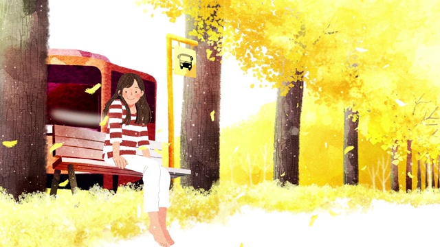 一个女人坐在公交车站的银杏树路视频下载