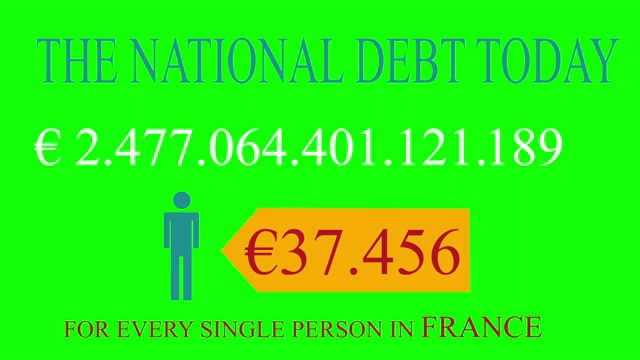 国家债务实时时钟计数器为法国在绿色屏幕上视频素材