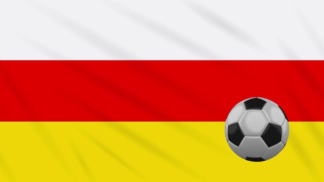 南奥塞梯国旗和足球在舞动的布面背景下旋转，环行视频素材