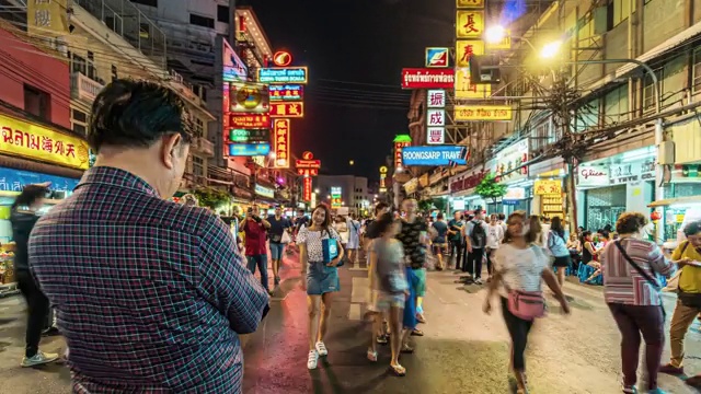 曼谷唐人街夜间的超延时，泰国视频下载