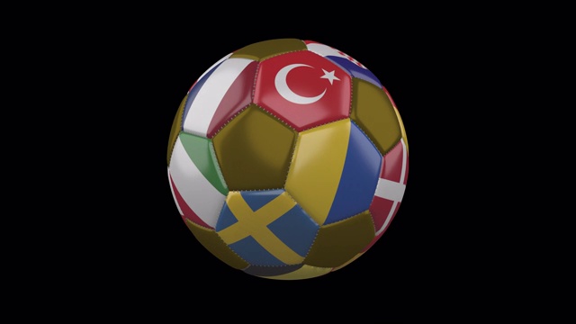 欧洲国家的国旗在足球上透明的背景上旋转，alpha循环视频素材