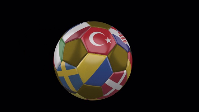 欧洲国家的旗帜上飞行的足球透明背景，阿尔法频道视频素材