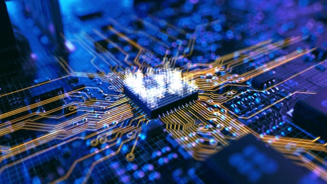 电路板CPU处理器启动数字化过程和信息计算、处理数据位的暗主题可视化。计算机图形，特殊视觉效果，动画视频素材
