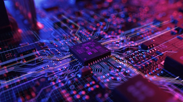 电路板CPU处理器启动数字化过程和信息计算，处理数据位的霓虹主题可视化。计算机图形，特殊视觉效果，动画视频素材