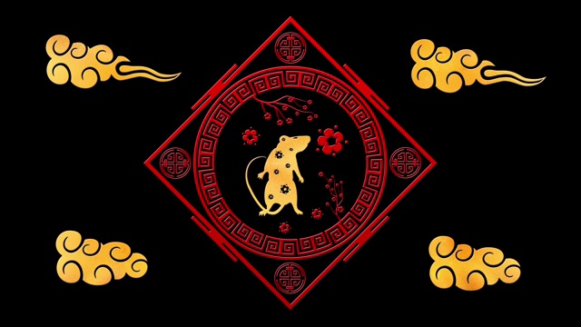 黑色中国新年背景与黄金，老鼠，3D渲染循环4k。魔幻新年快乐动画视频下载
