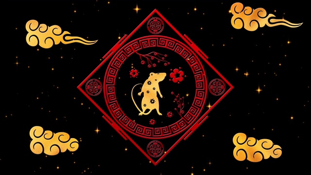 金色春节背景与红色，金色和黑色，老鼠，烟花，闪烁的星星3D渲染循环4k。魔幻新年快乐动画视频下载