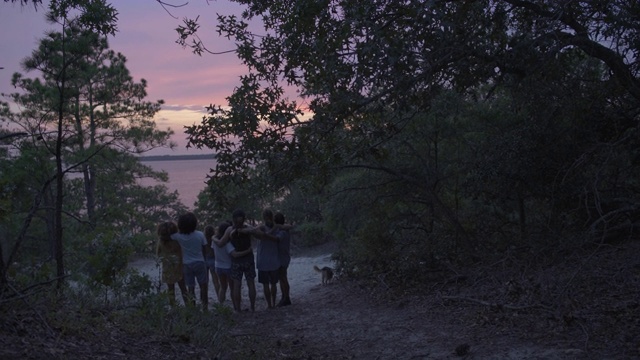 一群多民族的朋友互相拥抱着看海洋的日落视频下载