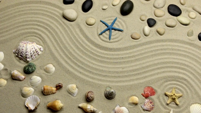 全景。夏天的背景-贝壳，星星和石头的锯齿线沙。视频下载