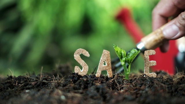 木质文字s, a, v, e过模糊的绿色自然背景。种植植物拯救地球的理念。世界环境日概念视频素材