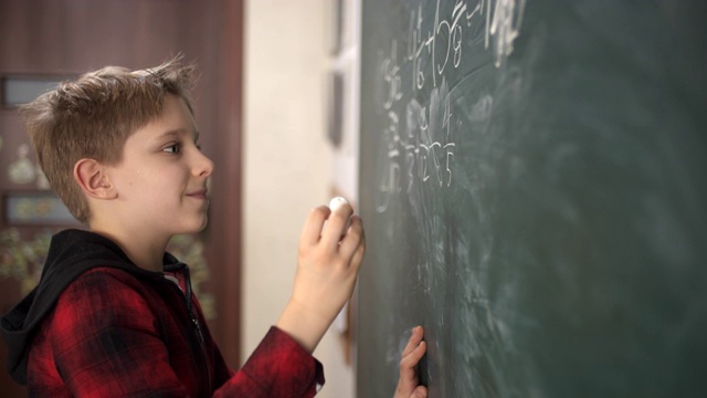 可爱的小男孩在数学课上计算分数视频素材