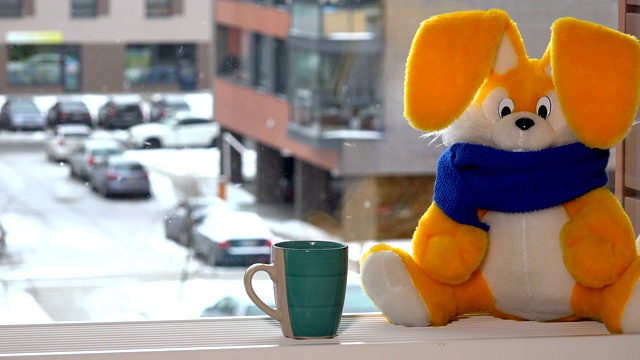 毛绒兔玩具与茶杯坐在暖气片在冬天的窗户。暴雪视频下载