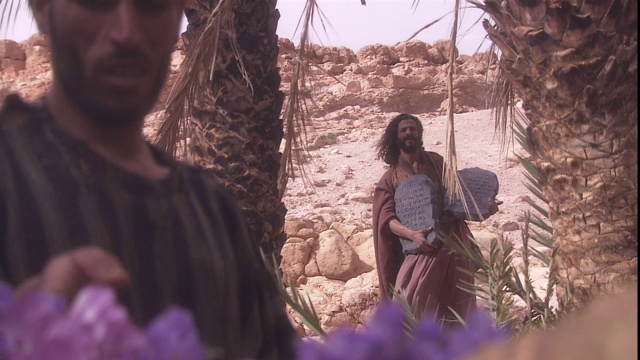 摩西看着以色列人把鲜花放在金牛雕像上。视频下载