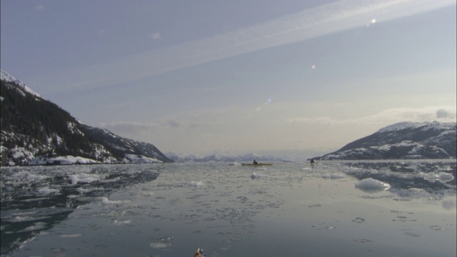阿拉斯加，一名皮划艇手在冰冷的威廉王子湾划桨。视频下载