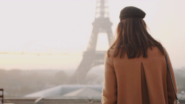 鸟儿在快乐的女游客面前飞翔，她走到雾蒙蒙的日出的埃菲尔铁塔，在巴黎的度假慢镜头。视频素材