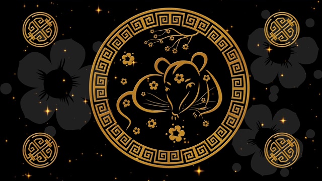 农历新年，春节背景有金鼠，星光闪闪。中国新年的黑色星空背景假日活动。3 d渲染动画。无缝循环4k视频视频下载