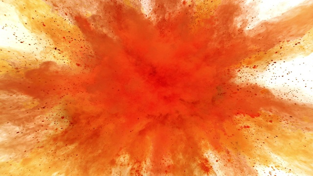 在特写镜头和超级慢镜头中，橙色的粉末向照相机爆炸，白色的背景视频下载