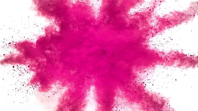 粉红颜色的粉末爆炸对相机近距离和超级慢动作,白色背景视频下载