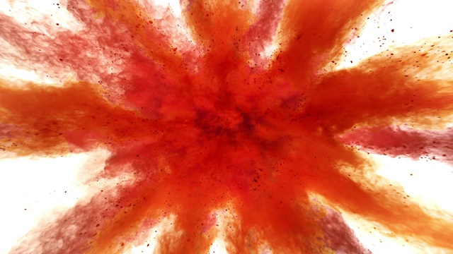 红色和橙色的粉末在近距离和超级慢镜头，白色背景中向相机爆炸视频下载