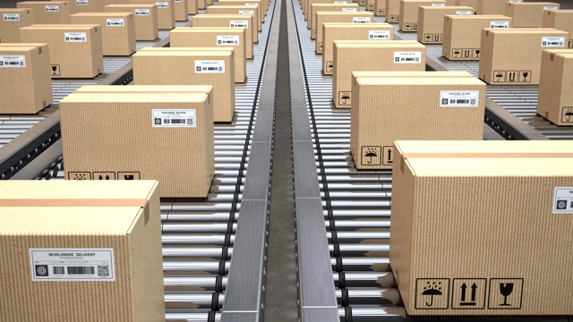 纸板箱的输送辊在配送仓库，交付和包装服务。Loopable动画。三维视频视频素材