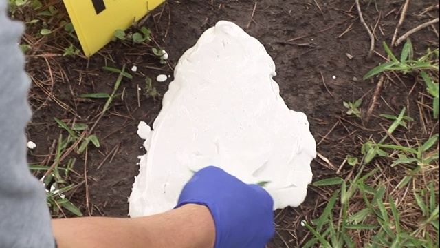 一名技术人员将石膏抹在一个脚印上。视频素材