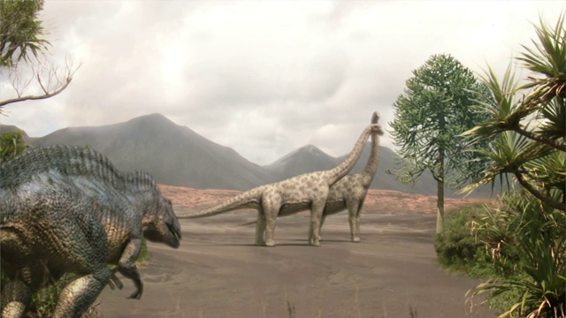 一幅图显示了一只食肉恐龙在捕猎它的猎物。视频下载