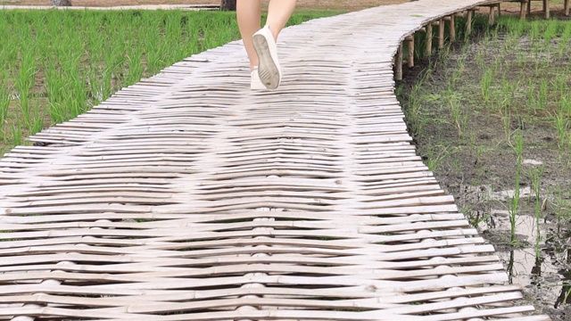在阳光明媚的夏日里，跟随左脚的鞋子走在公园里的慢镜头。用竹子桥。视频下载