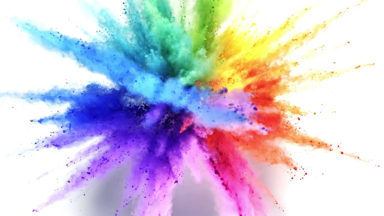 彩虹色的粉末在特写镜头和超级慢镜头中向照相机爆炸，白色的背景视频下载